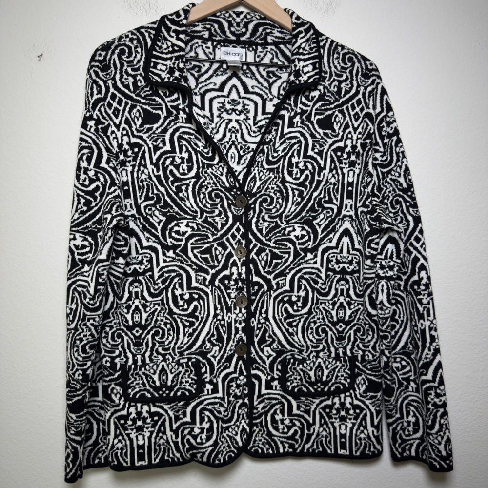 Chico's Women Silk Cotton Knit Jacket 2 (Large) Black White Damask Button Artsy